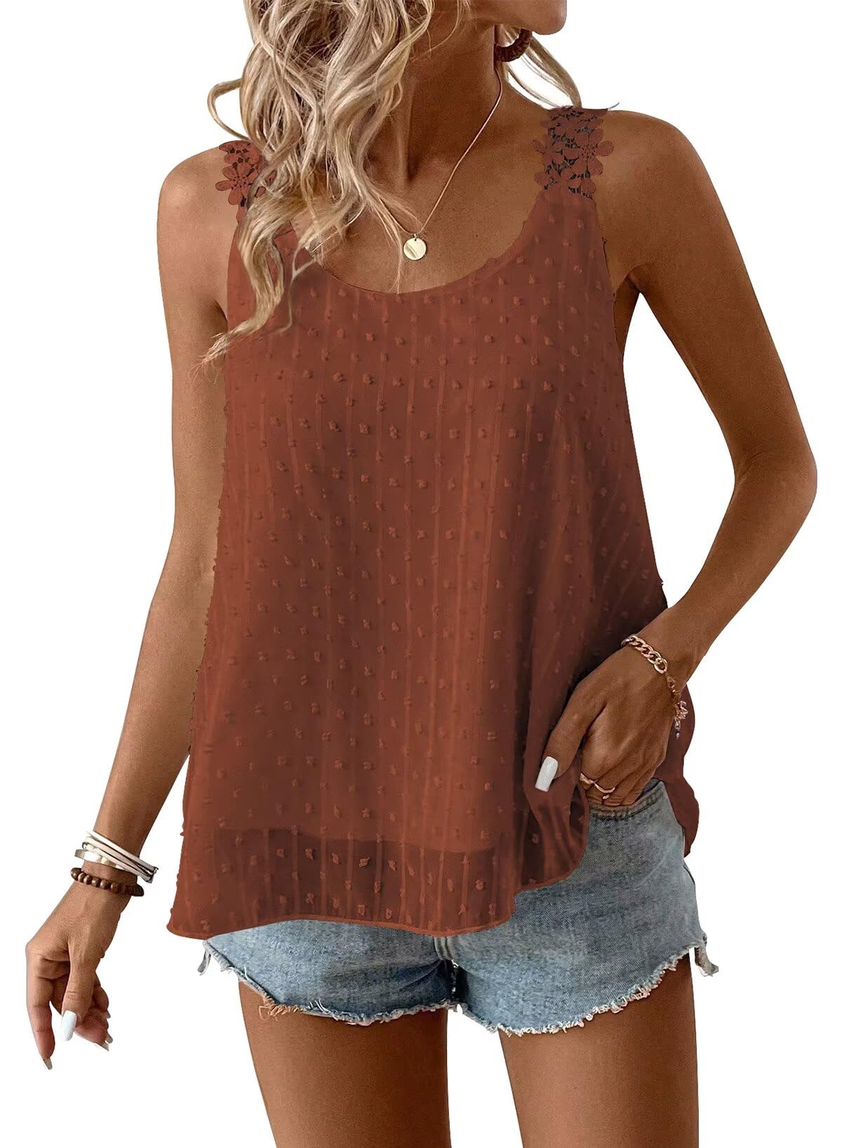 Falechay Womens Tank Tops Flowy Sleeveless Summer Boho Tank Top for Women Crewneck Spaghetti Strap Lace Camisole Shirts
