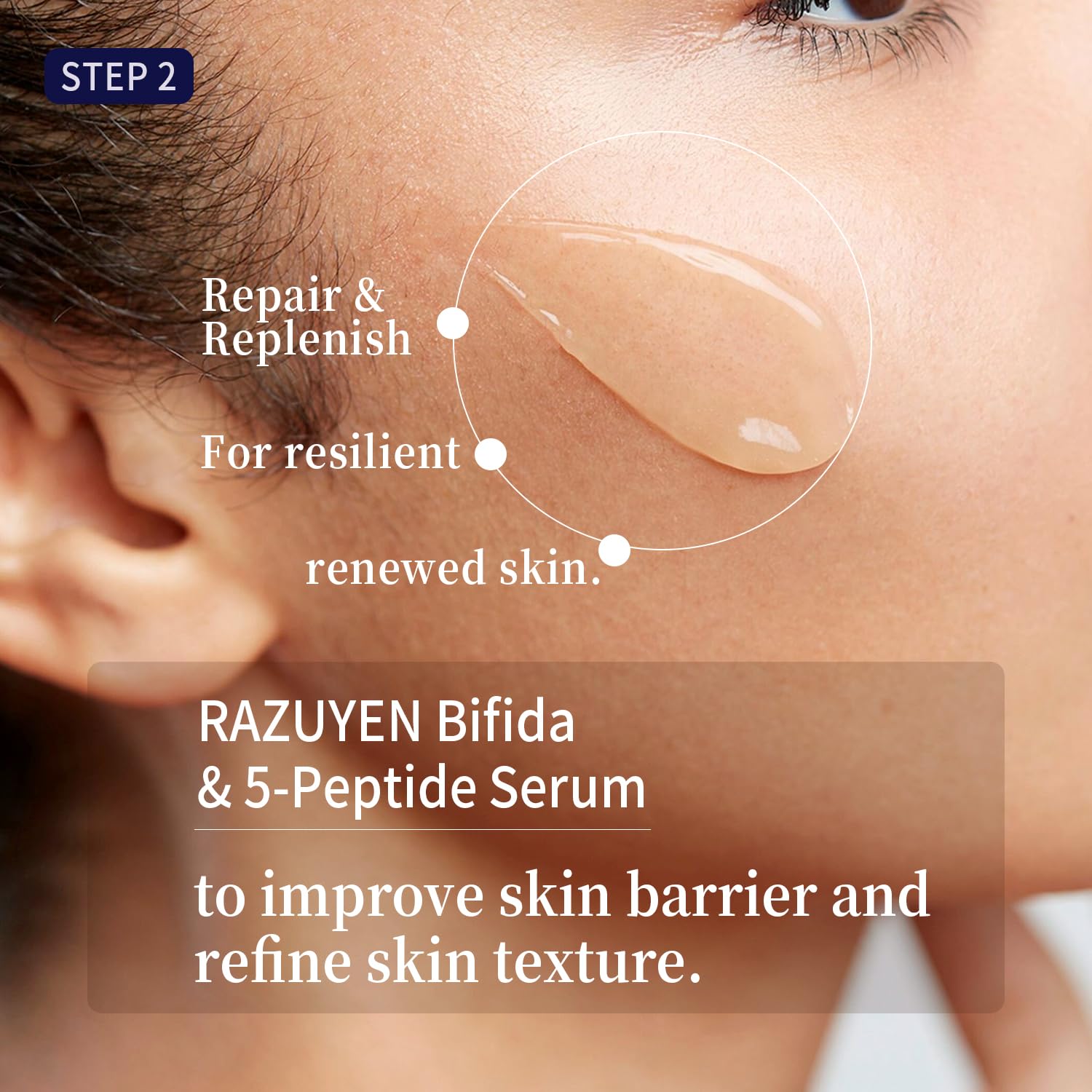 Sérum RAZUYEN, goutte transparente appliquée sur la peau près de l’œil