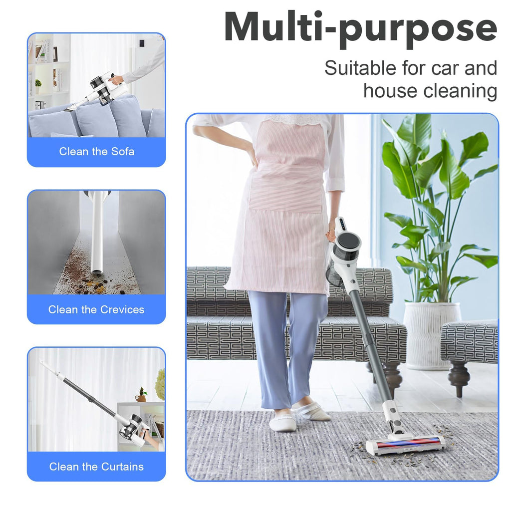 4 in 1 Cordless Vacuum for Home, 80,000PRM Powerful Motor Vacuum Cleaner with 2 Adjustable Modes, Max 40 Mins Runtime Rechargeable Battery and Washable Parts Stick Vacuum (Zinc White)