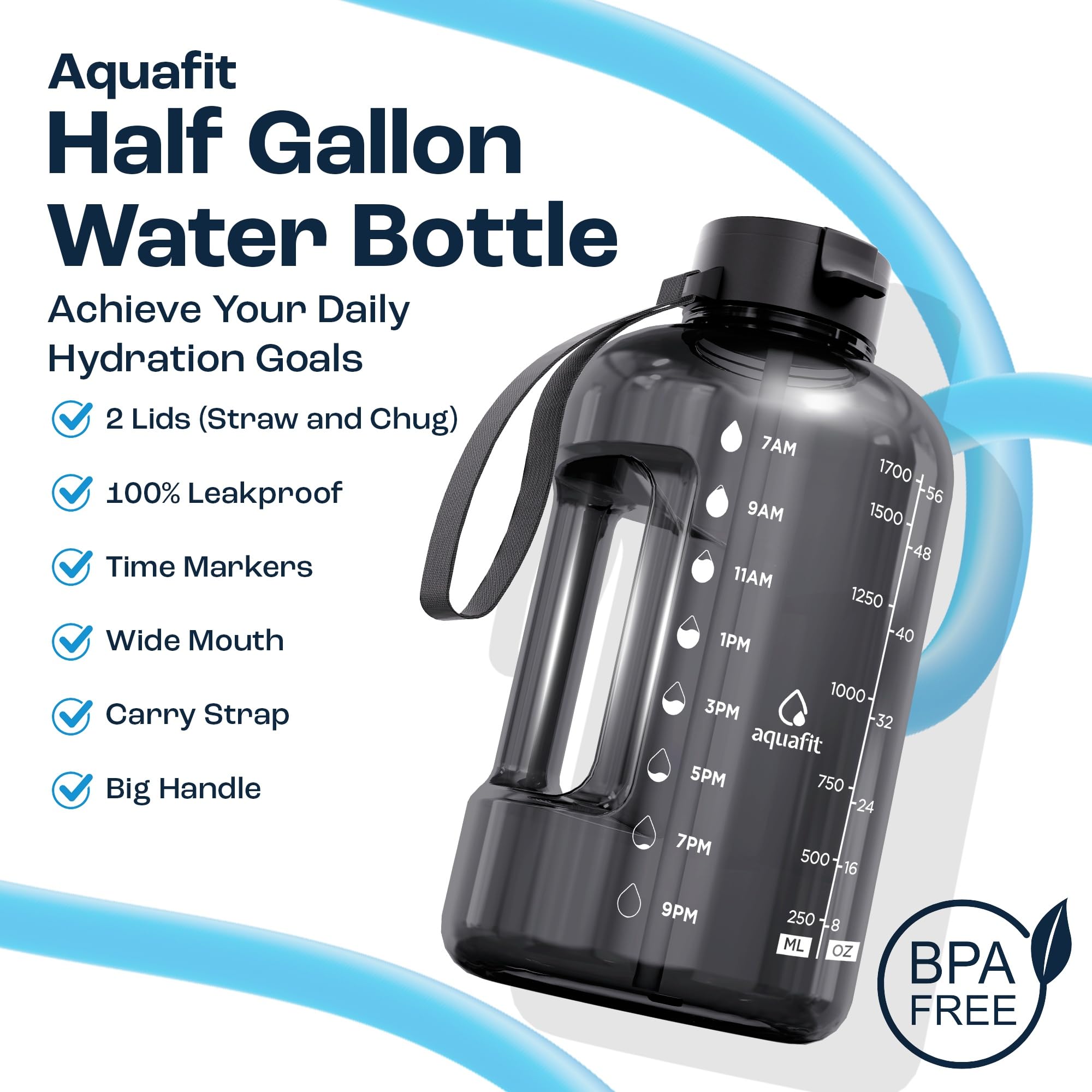 AQUAFIT 2l Water Bottle with Straw - Half Gallon Water Bottle - Motivational Gym Water Bottles 2l - 2 Liter Water Bottle Time Marker - Half Gallon Water Jug 64 oz - Large Water Bottle Gray