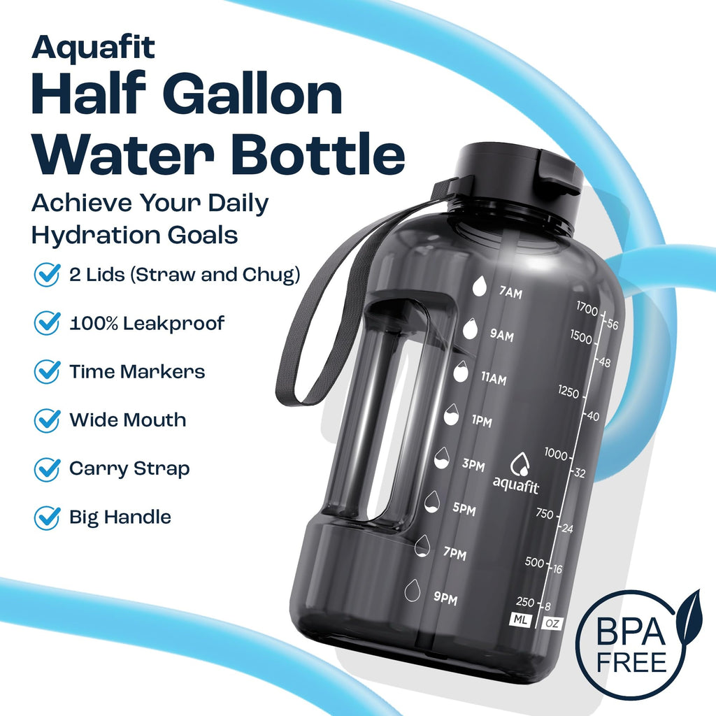 AQUAFIT 2l Water Bottle with Straw - Half Gallon Water Bottle - Motivational Gym Water Bottles 2l - 2 Liter Water Bottle Time Marker - Half Gallon Water Jug 64 oz - Large Water Bottle Gray