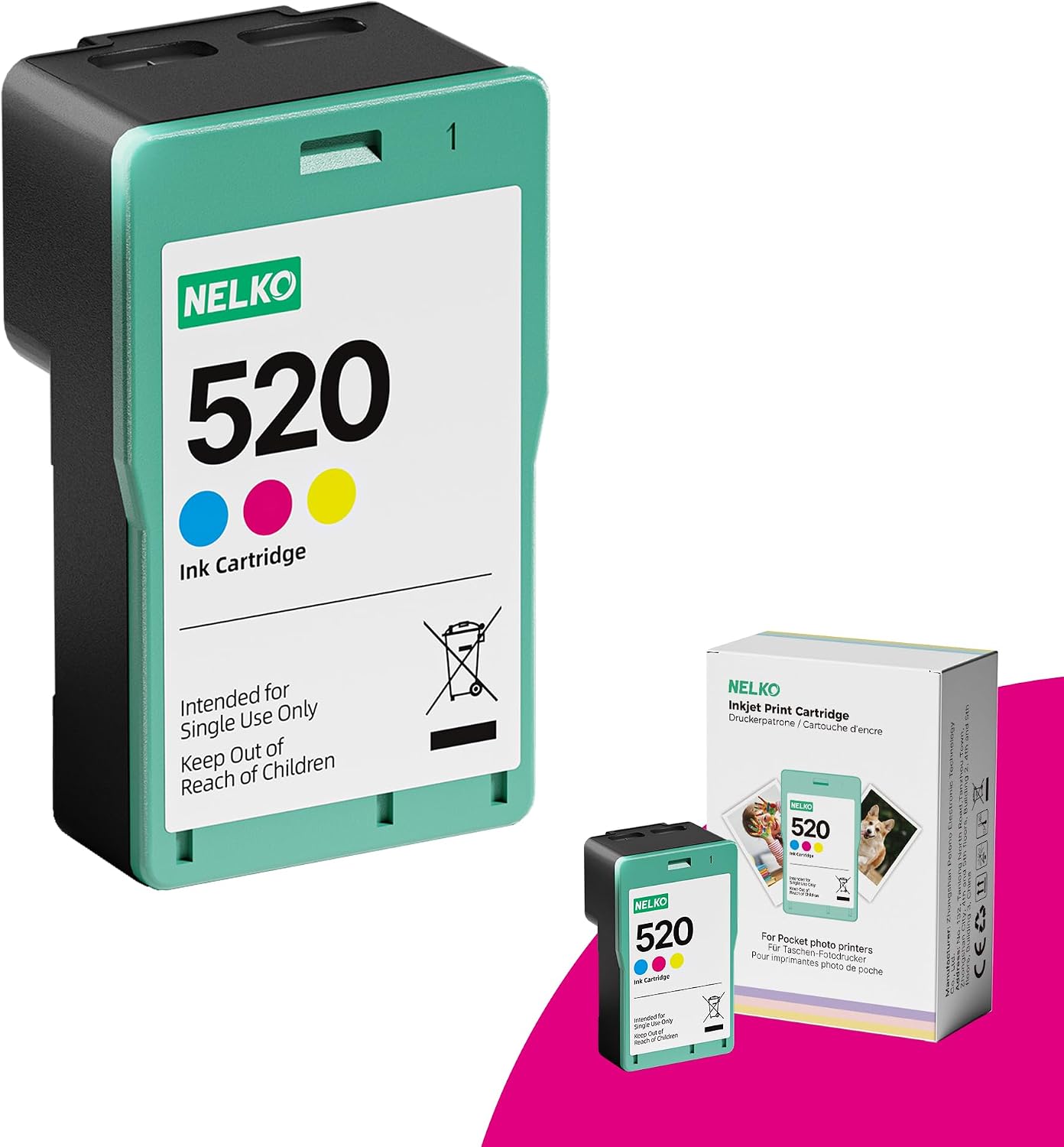 Cartouche d’encre Nelko 520 à encre couleur, boîtier vert et étiquette blanche