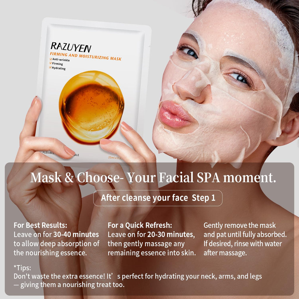 Masque facial RAZUYEN sur le visage, feuilles de masque blanches.