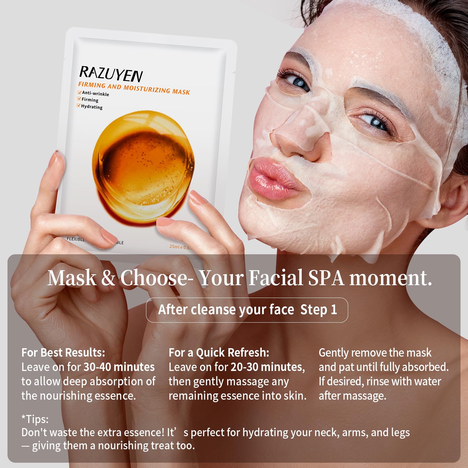 Masque facial RAZUYEN sur le visage, feuilles de masque blanches.