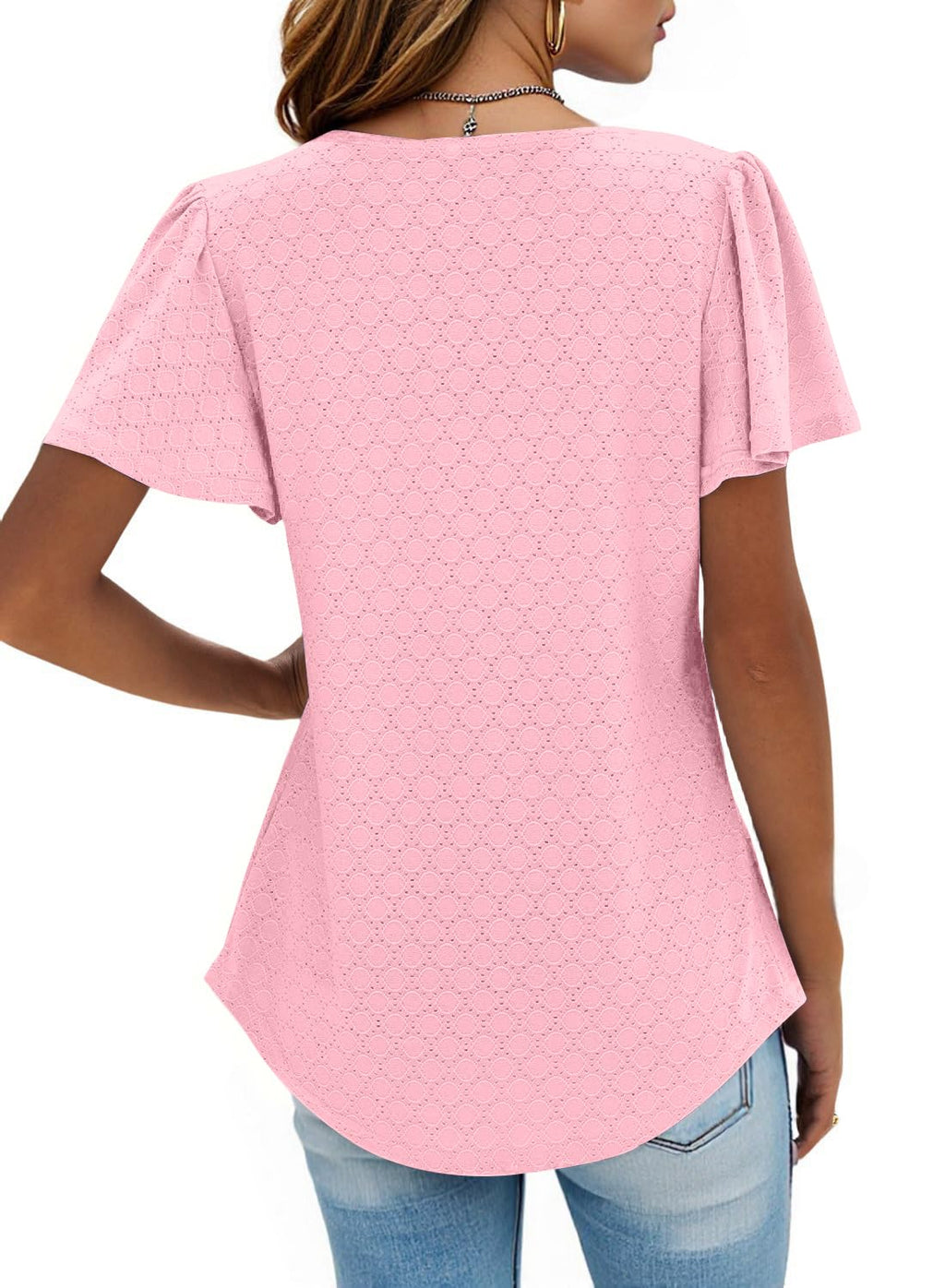 isermeo Summer Tops for Women Pleated Square Neck Ruffle Sleeve Shirts Casual Loose Flowy Curved Hem Tunic S-XXL