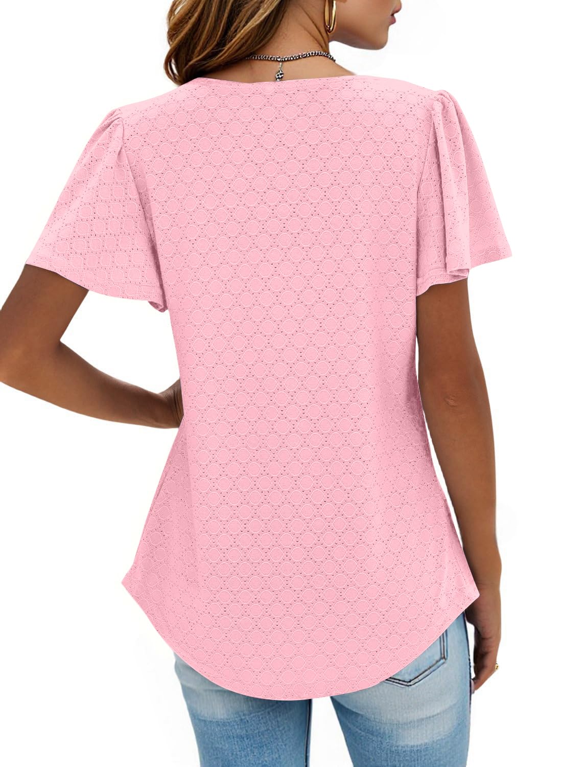 isermeo Summer Tops for Women Pleated Square Neck Ruffle Sleeve Shirts Casual Loose Flowy Curved Hem Tunic S-XXL
