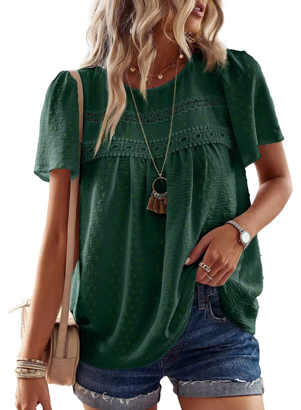 Falechay Womens Summer Tops Crewneck Short Sleeve Shirts Casual Chiffon Blouses Flowy Lace Hem Boho Clothing Trendy 2026