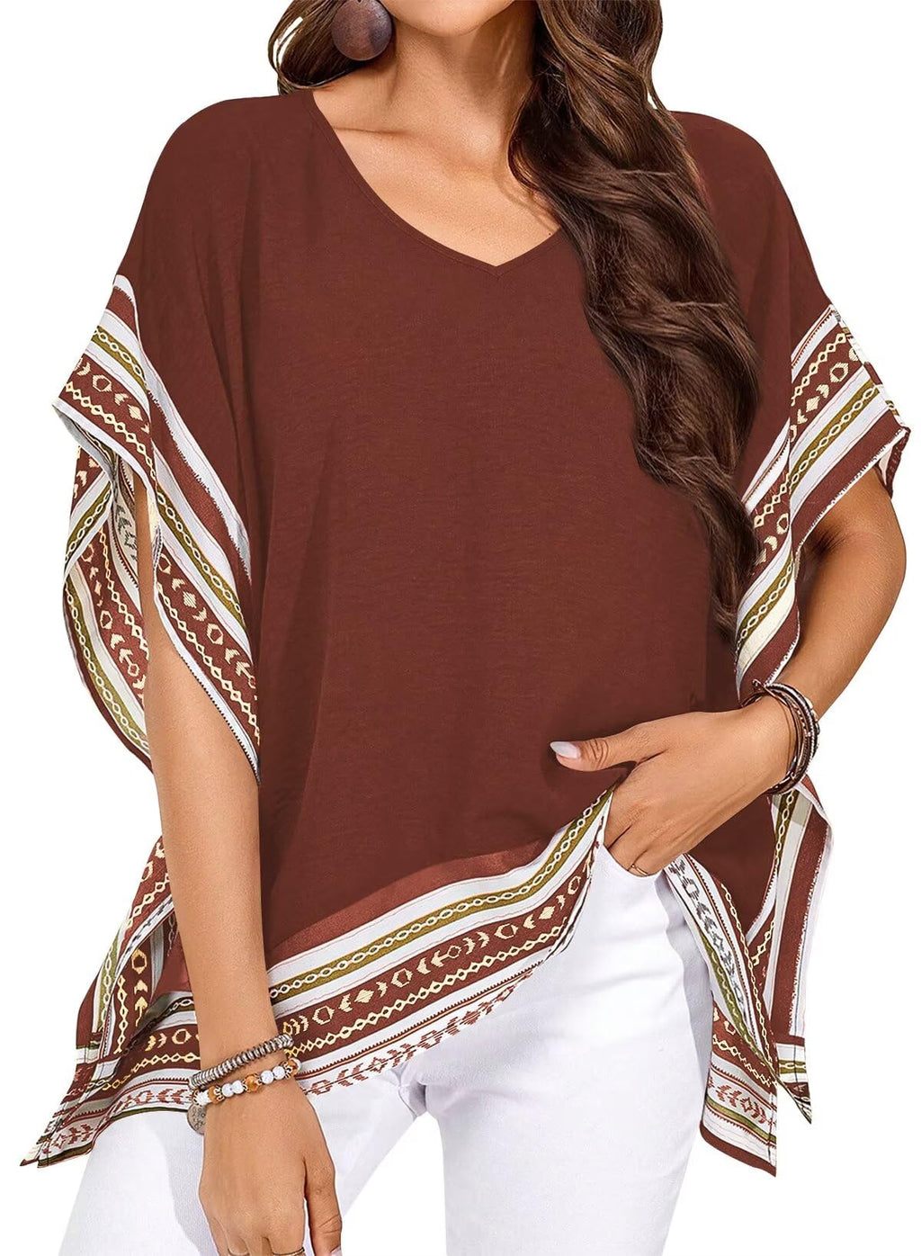 Falechay Women's Casual V Neck Floral Tops Batwing Sleeve Blouse Loose Fitting Shirts Boho Flowy Side Slit Tees