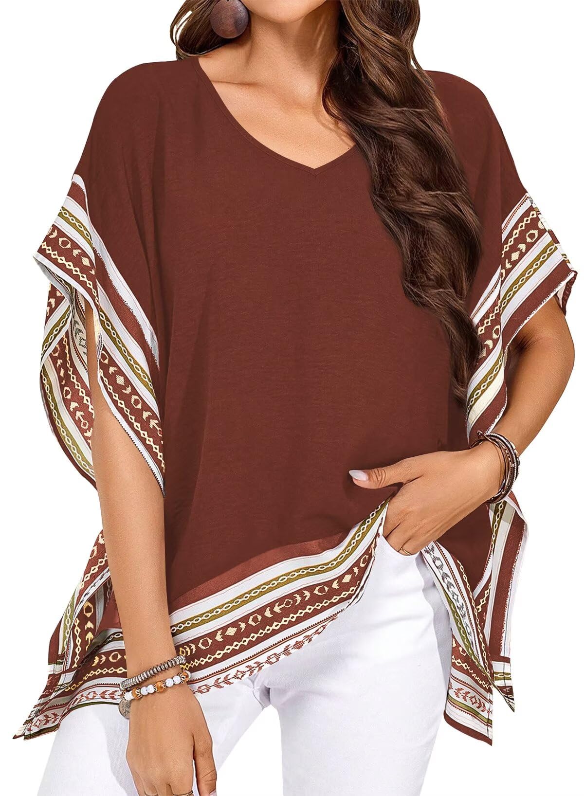 Falechay Women's Casual V Neck Floral Tops Batwing Sleeve Blouse Loose Fitting Shirts Boho Flowy Side Slit Tees