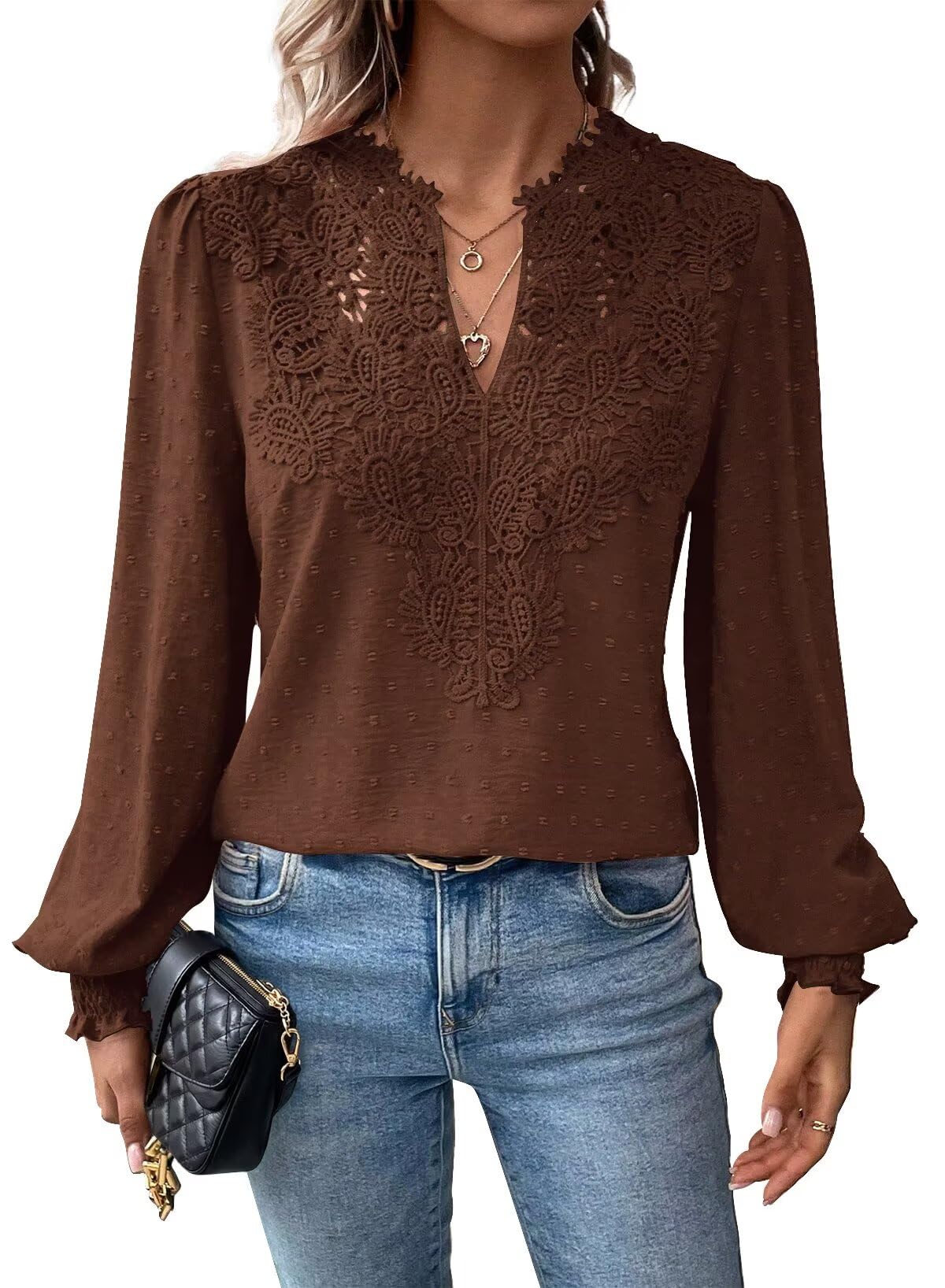 Falechay Womens Tops Swiss Dot Boho Long Sleeve Shirts V Neck Casual Chiffon Blouses Flowy Lace Hem Cute Clothing Trendy 2026