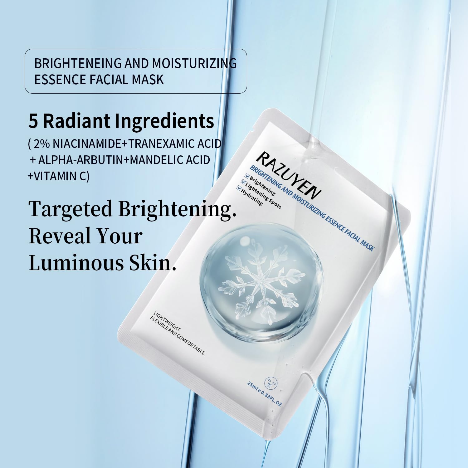Masque facial en tissu en sachet, disque gel bleu au centre, RAZUYEN10