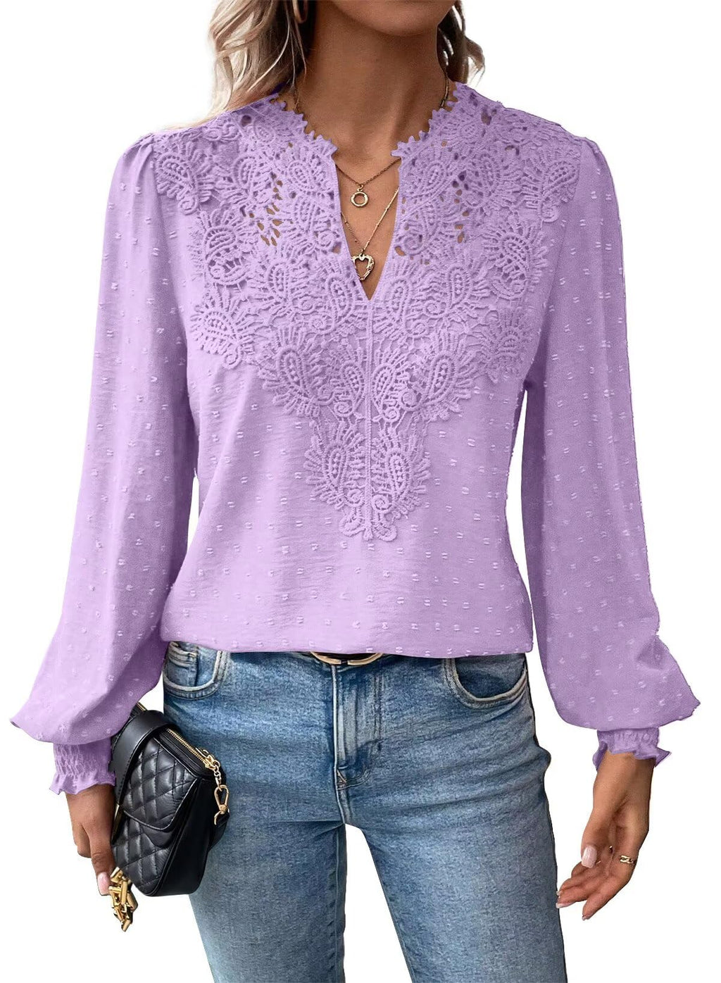 Falechay Womens Tops Swiss Dot Boho Long Sleeve Shirts V Neck Casual Chiffon Blouses Flowy Lace Hem Cute Clothing Trendy 2026