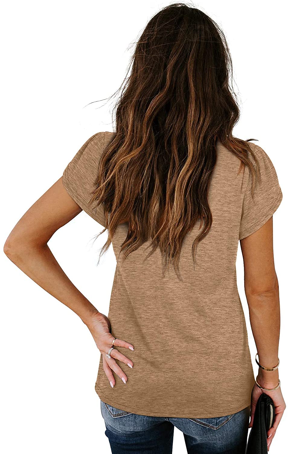isermeo Womens Summer Tops Sexy V Neck Petal Sleeve Casual Solid Color Tee Tshirts S-XXL