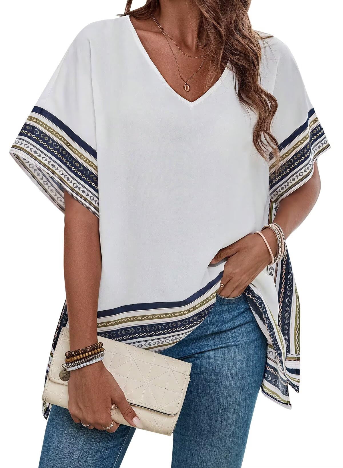 Falechay Women's Casual V Neck Floral Tops Batwing Sleeve Blouse Loose Fitting Shirts Boho Flowy Side Slit Tees
