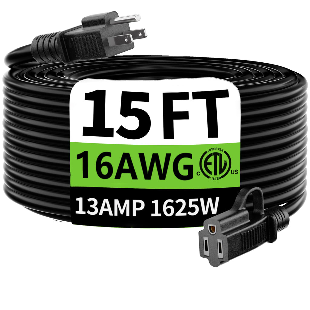 HUANCHAIN Indoor Outdoor Black Extension Cord 15 ft Waterproof, 16/3 Gauge Flexible Cold-Resistant Appliance Extension Cable Outside, 13A 1625W 16AWG SJTW, 3 Prong Electric Cord, ETL