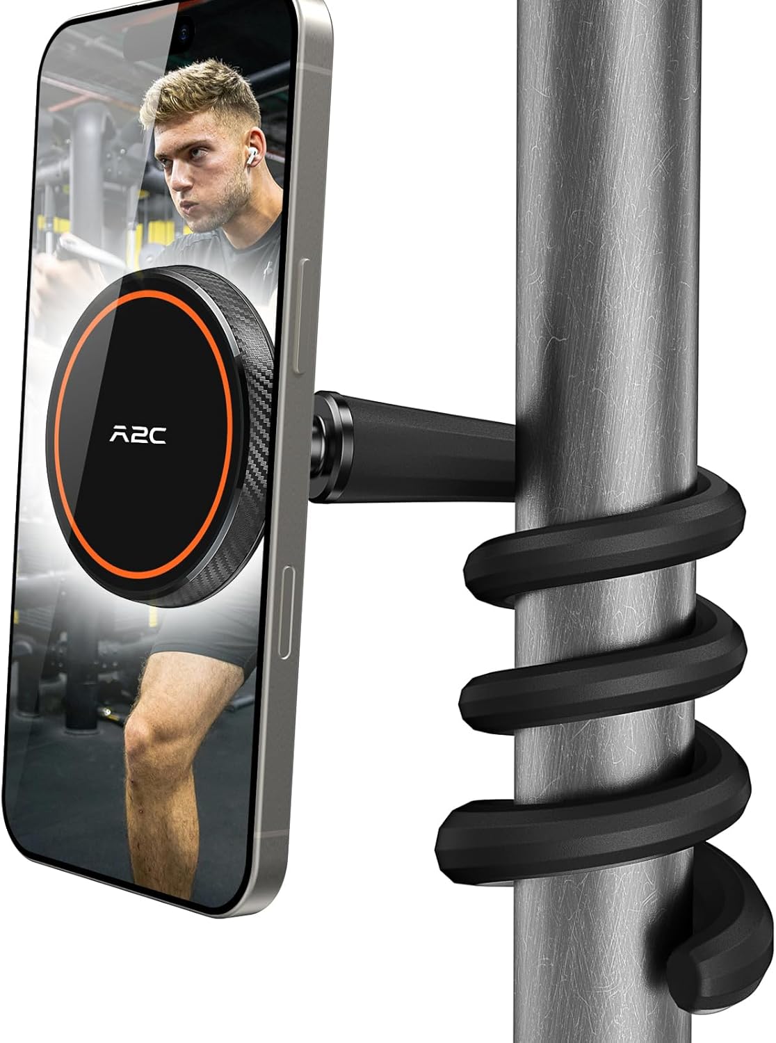 Support téléphone magnétique avec bras flexible noir et pince, téléphone maintenu verticalement.