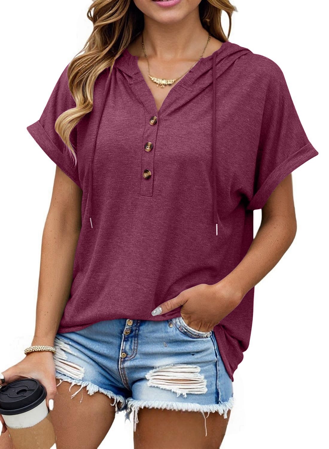 isermeo Womens Oversized Short Rolled Sleeve Summer Hoodie T Shirt 2024 Trendy Henley Button Tshirts S-XXL