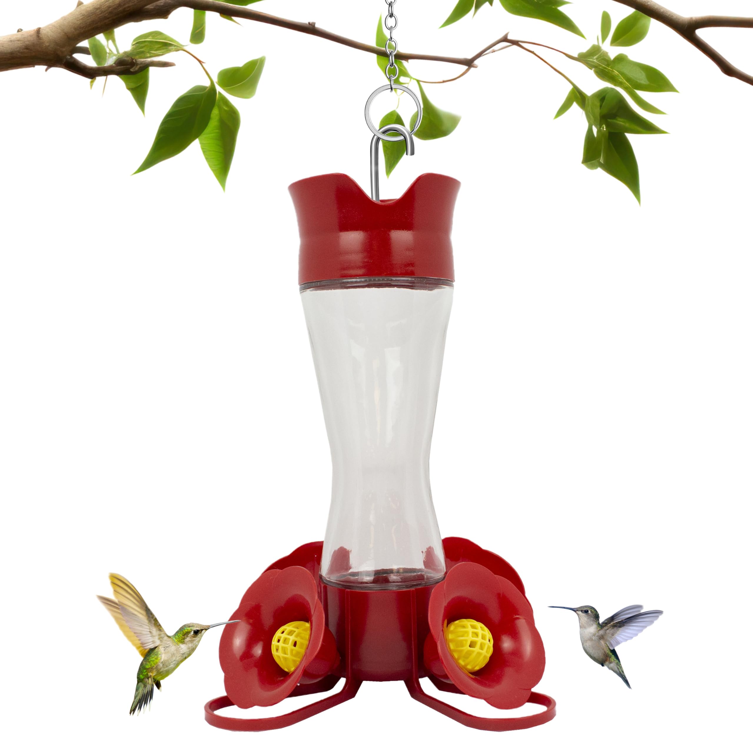 Mangeoire à colibris en verre transparent, base rouge avec ports jaunes
