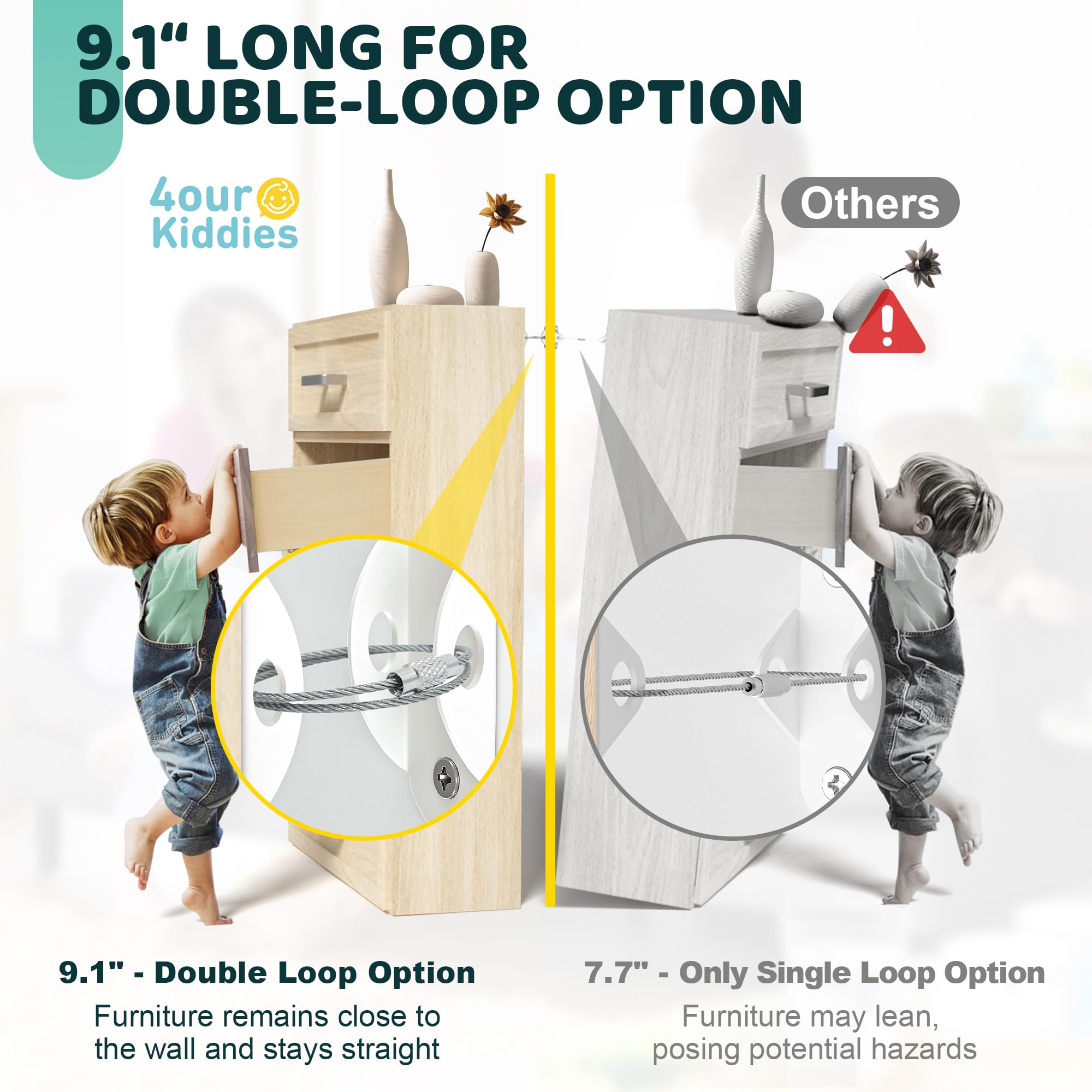 4our Kiddies Furniture Anchors (6 Pack) 2024 Upgraded Furniture Straps for Baby Proofing, Secure 400 Pound Furniture to Wall Prevent Falling Anti Tip Earthquake Straps for Child Safety
