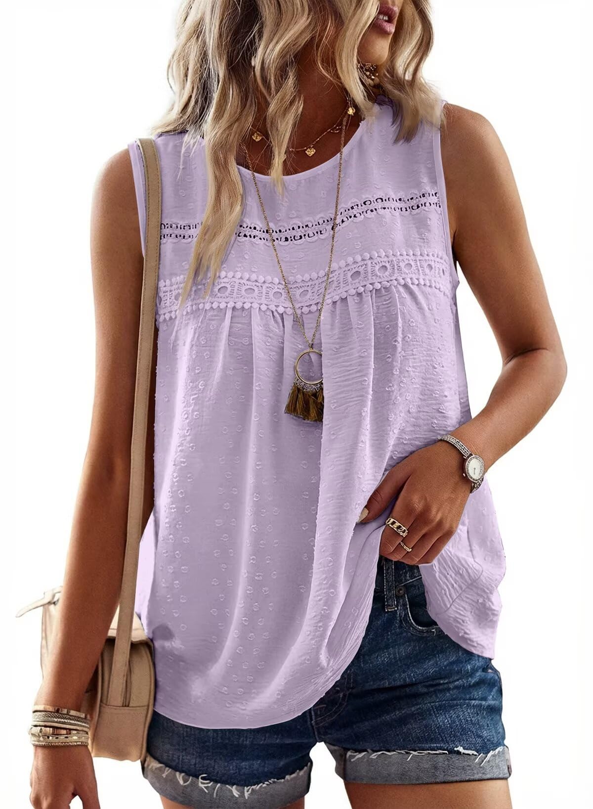 Falechay Womens Summer Tops Boho Shirts Crewneck Sleeveless Tank Tops Flowy Lace Hem Casual Blouses Clothing Trendy 2026