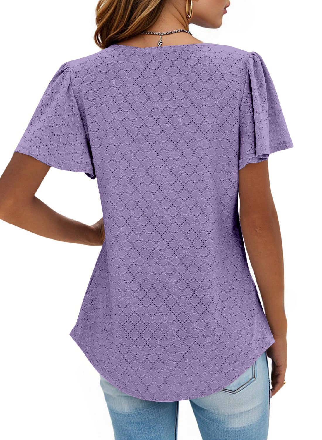 isermeo Summer Tops for Women Pleated Square Neck Ruffle Sleeve Shirts Casual Loose Flowy Curved Hem Tunic S-XXL