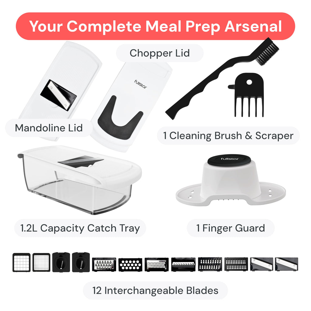 Fullstar Vegetable Chopper & Mandoline Slicer - Julienne Cutter Dicer Grater for Food Veggie Onion Cucumber Tomato Salad Potato Cheese - Kitchen Essentials & Gadgets (Compact 6-in-1, White)