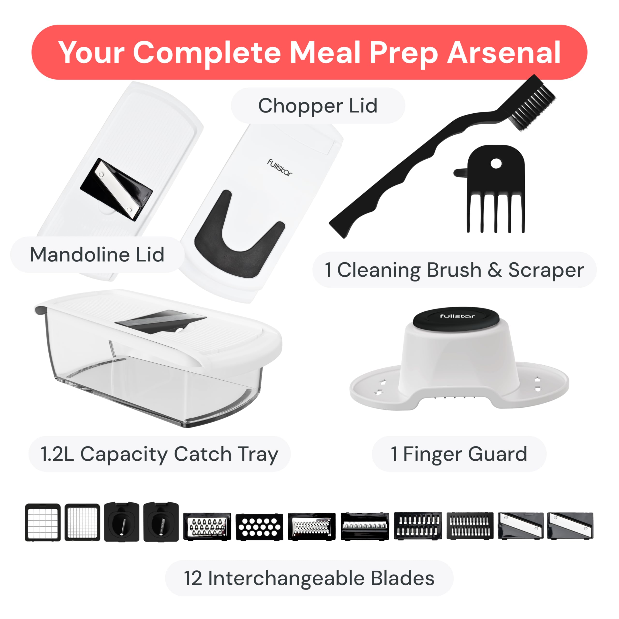 Fullstar Vegetable Chopper & Mandoline Slicer - Julienne Cutter Dicer Grater for Food Veggie Onion Cucumber Tomato Salad Potato Cheese - Kitchen Essentials & Gadgets (Compact 6-in-1, White)