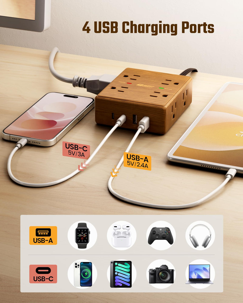Surge Protector Power Bar, SUPERDANNY 6 Ft Extension Cord with 8 Outlets & 4USB Ports (2 USB 2 C), Mountable Flat Plug Power Strip, Surge Protection for Home, Office, Dorm