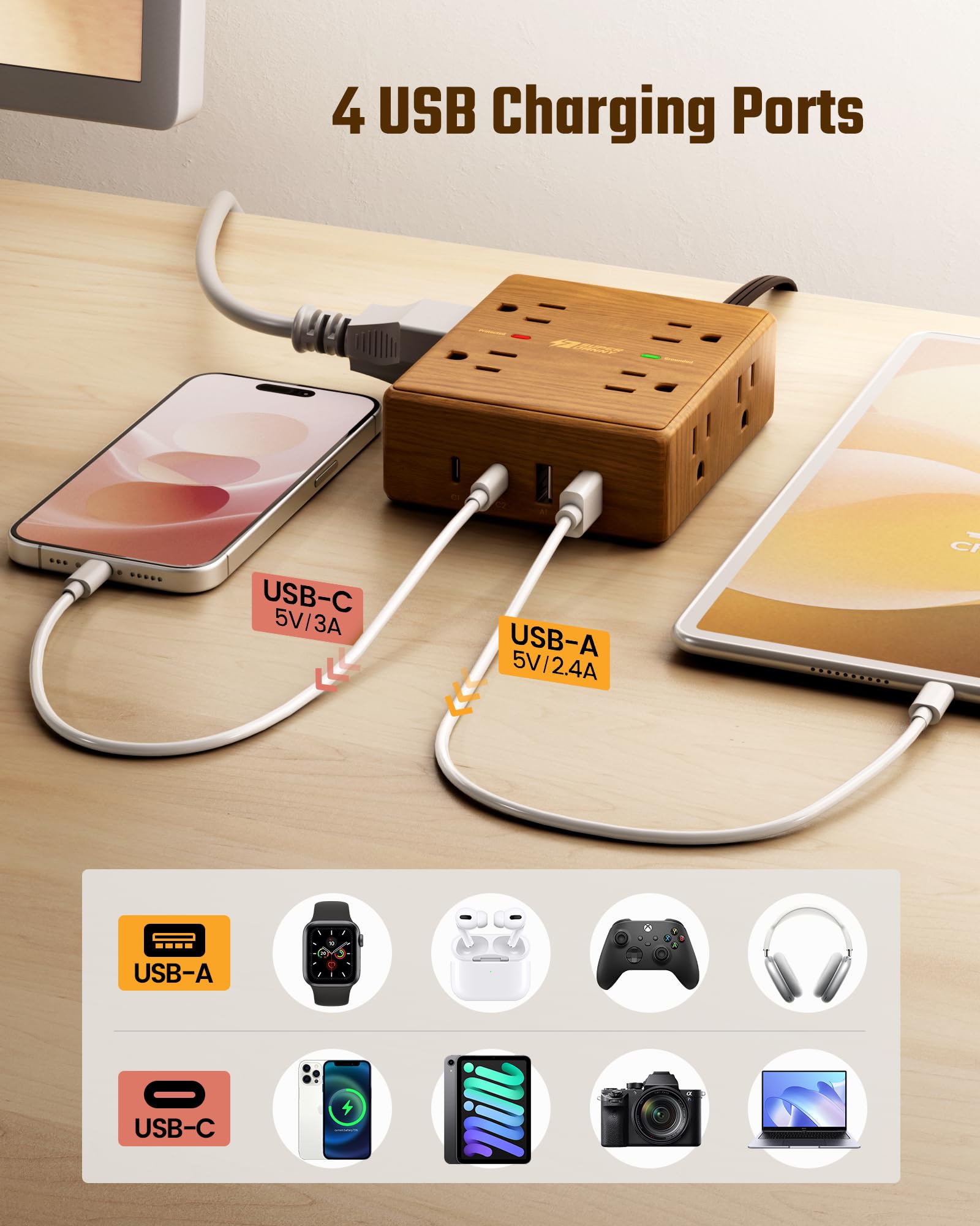 Surge Protector Power Bar, SUPERDANNY 6 Ft Extension Cord with 8 Outlets & 4USB Ports (2 USB 2 C), Mountable Flat Plug Power Strip, Surge Protection for Home, Office, Dorm