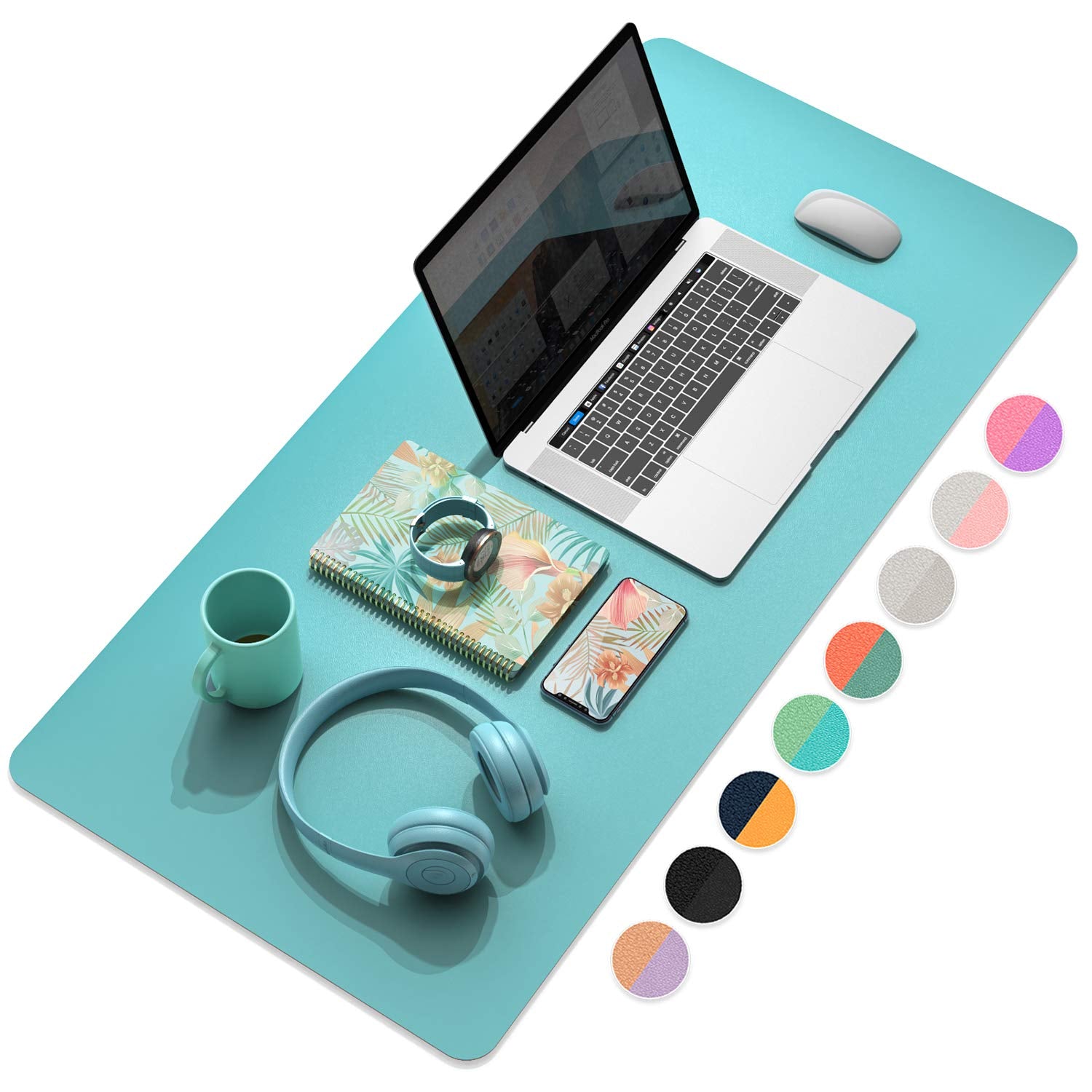 Tapis de bureau imperméable double face en cuir, turquoise, rectangulaire.