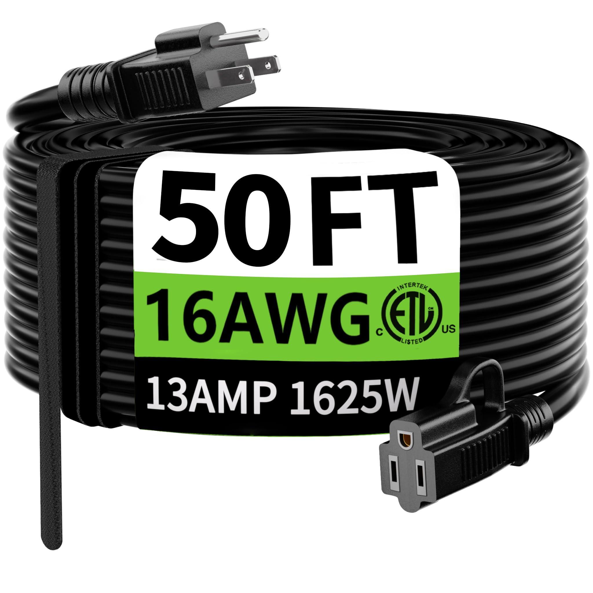 HUANCHAIN Indoor Outdoor Black Extension Cord 15 ft Waterproof, 16/3 Gauge Flexible Cold-Resistant Appliance Extension Cable Outside, 13A 1625W 16AWG SJTW, 3 Prong Electric Cord, ETL
