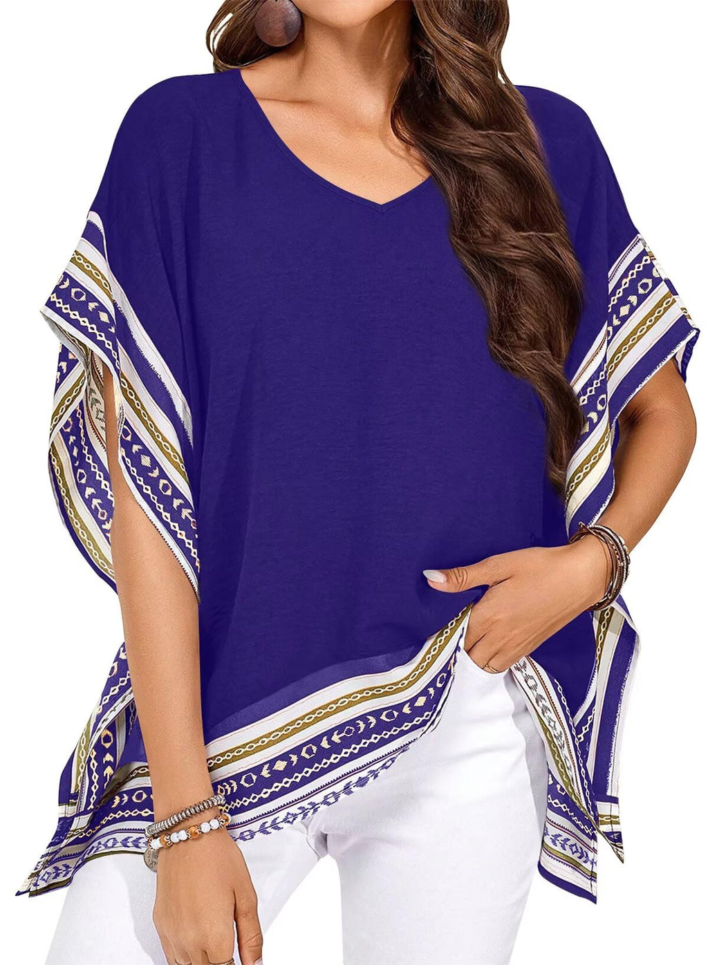 Falechay Women's Casual V Neck Floral Tops Batwing Sleeve Blouse Loose Fitting Shirts Boho Flowy Side Slit Tees