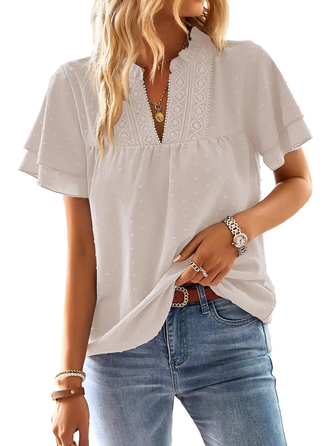Falechay Womens Tops Butterfly Sleeve V Neck Blouses for Women Dressy Casual Flowy Swiss Dot Ruffle Short Sleeve Shirts