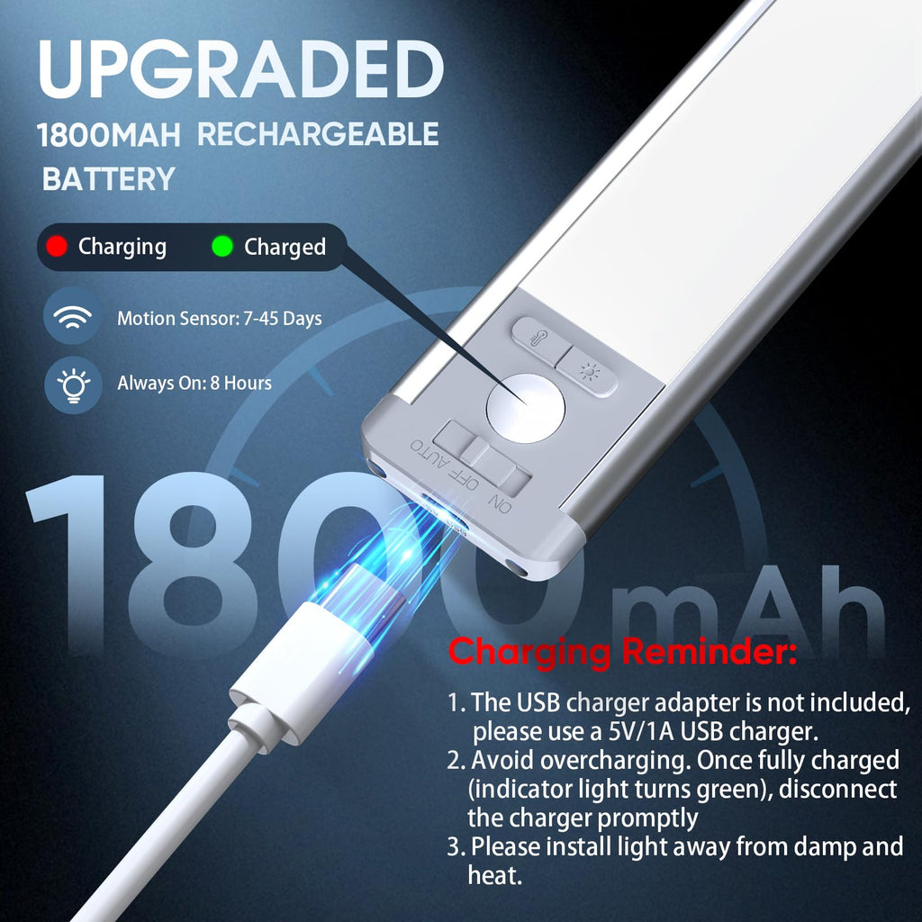 MCGOR 10inch Under Cabinet Lighting, 2 Pack Rechargeable Motion Sensor Light Indoor, 5 Levels Dimmable Magnetic Closet Lights, Wireless Under Counter Lights for Kitchen, Stairs
