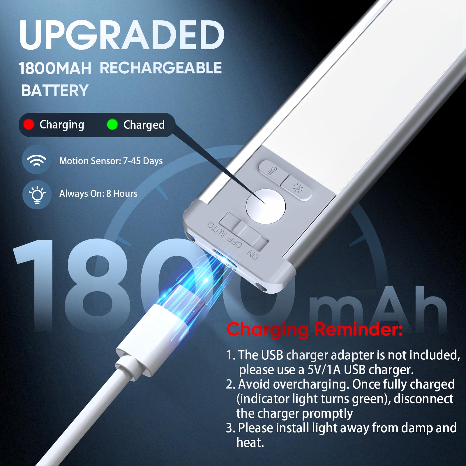 MCGOR 10inch Under Cabinet Lighting, 2 Pack Rechargeable Motion Sensor Light Indoor, 5 Levels Dimmable Magnetic Closet Lights, Wireless Under Counter Lights for Kitchen, Stairs