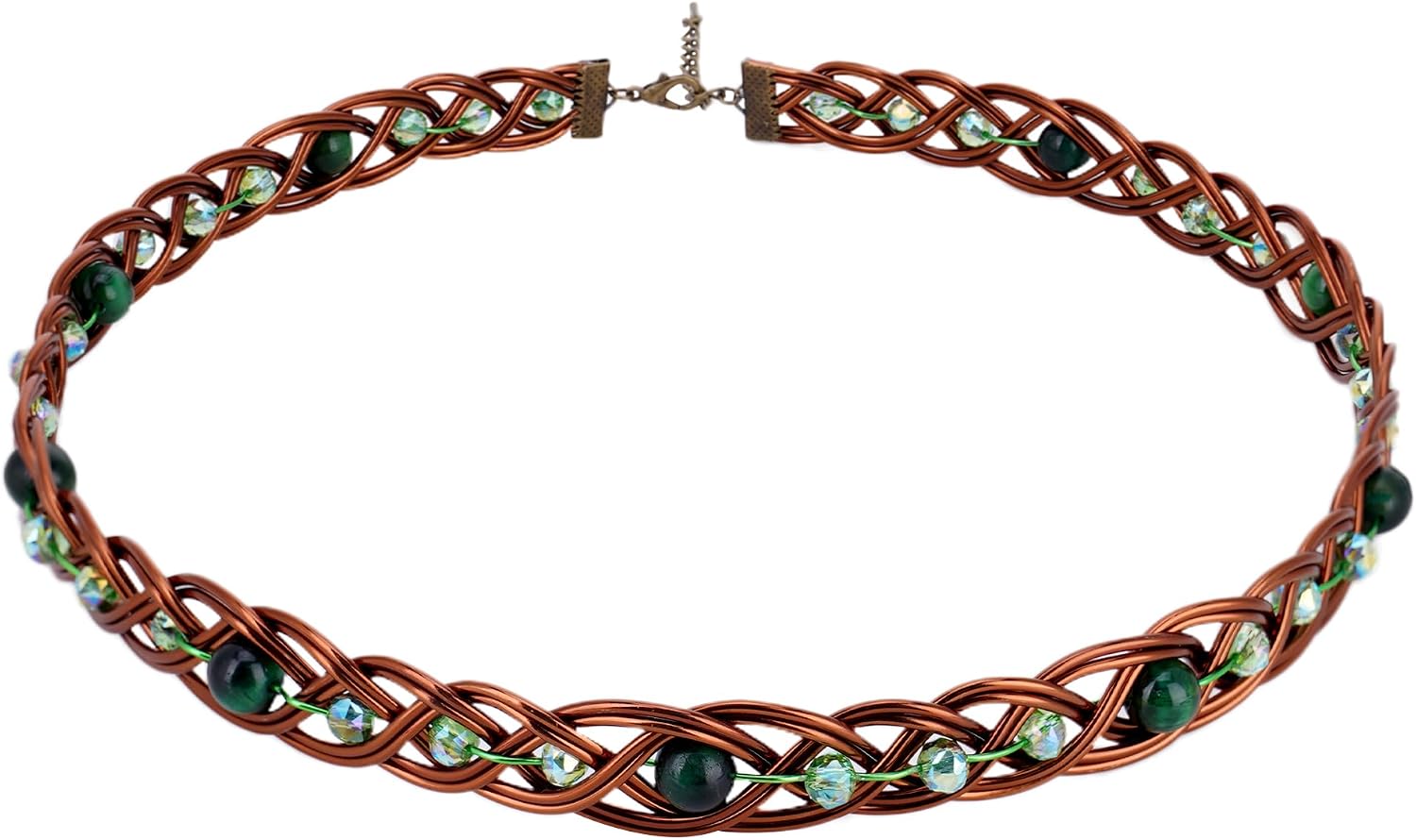 Serre-tête couronne en métal cuivré, tressage torsadé et cabochons verts