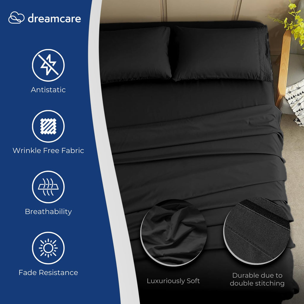 DREAMCARE Bedding Sets Queen - 4 Piece Queen Bed Sheets - Deep Pocket up to 15 in - Draps Lit Queen - Luxury Hotel Sheets & Pillowcases Set - Shrink & Fade Resistant (Queen, Black)
