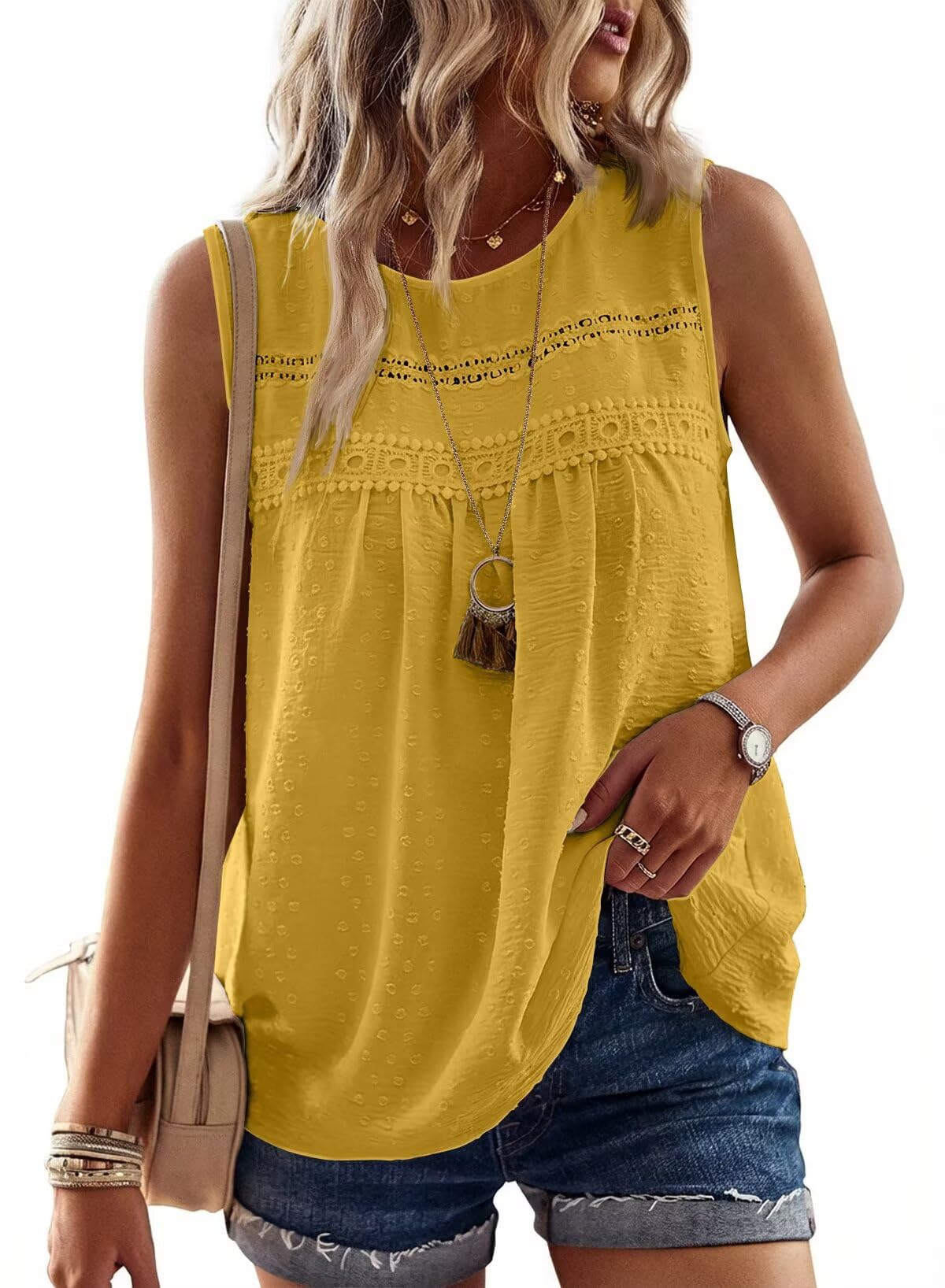 Falechay Womens Summer Tops Boho Shirts Crewneck Sleeveless Tank Tops Flowy Lace Hem Casual Blouses Clothing Trendy 2026