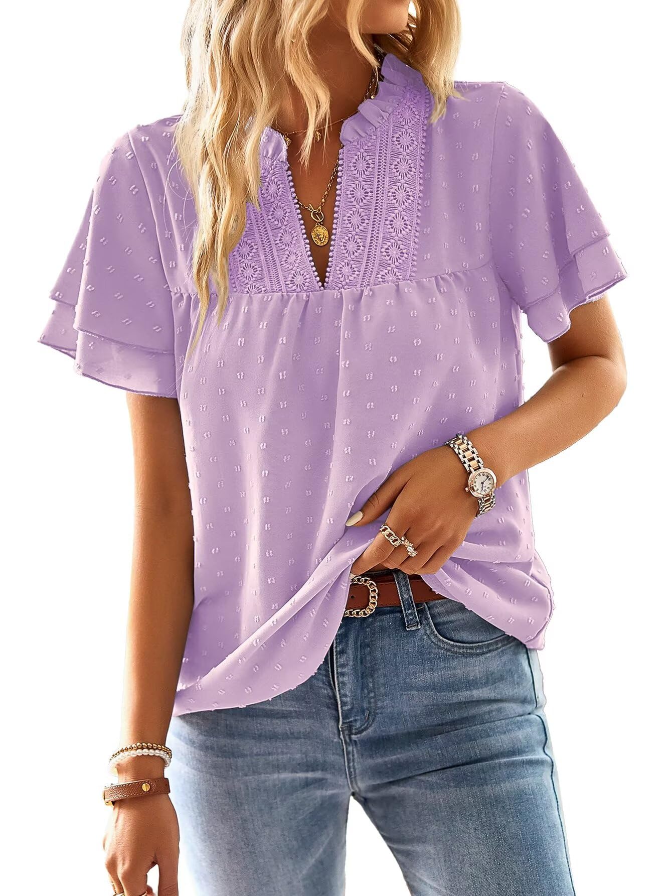 Falechay Womens Tops Butterfly Sleeve V Neck Blouses for Women Dressy Casual Flowy Swiss Dot Ruffle Short Sleeve Shirts