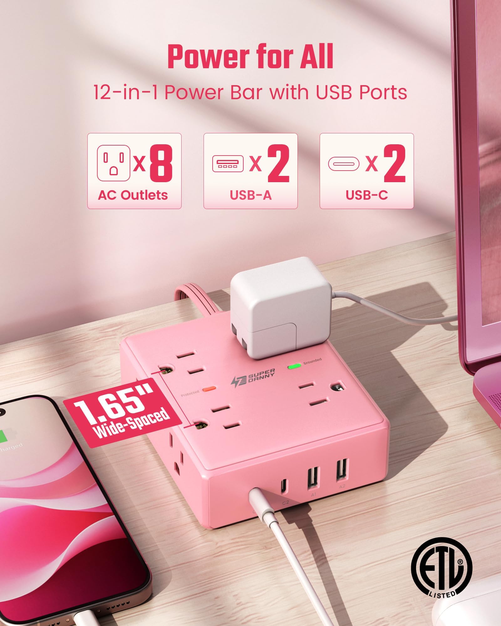 Surge Protector Power Bar, SUPERDANNY 6 Ft Extension Cord with 8 Outlets & 4USB Ports (2 USB 2 C), Mountable Flat Plug Power Strip, Surge Protection for Home, Office, Dorm