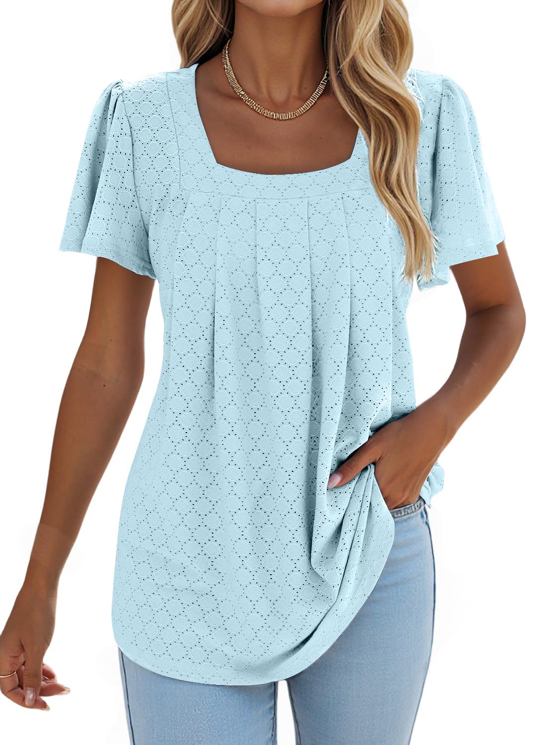 isermeo Summer Tops for Women Pleated Square Neck Ruffle Sleeve Shirts Casual Loose Flowy Curved Hem Tunic S-XXL