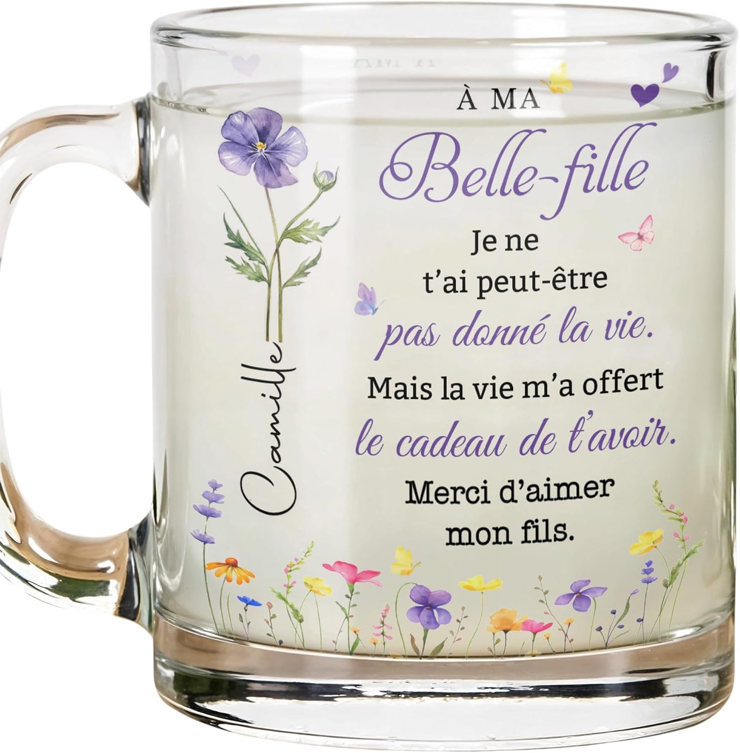 Mug en verre « Belle-fille » avec fleurs violettes et texte de vœux au centre