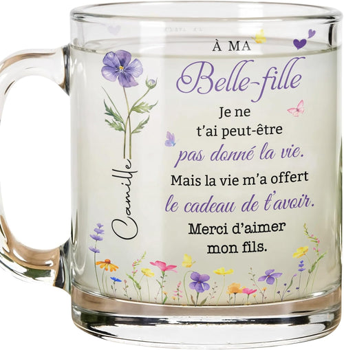 Mug en verre « Belle-fille » avec fleurs violettes et texte de vœux au centre