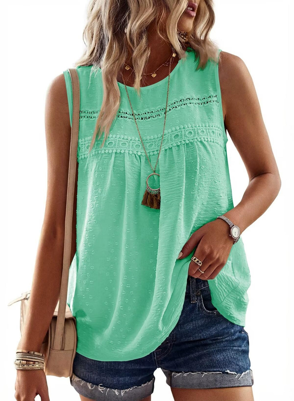 Falechay Womens Summer Tops Boho Shirts Crewneck Sleeveless Tank Tops Flowy Lace Hem Casual Blouses Clothing Trendy 2026