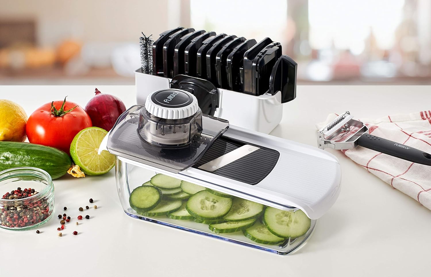 Fullstar Mandoline Slicer for Kitchen - Vegetable Slicer Spiralizer & Julienne Cutter for Veggie Cucumber Onion Potato Carrot - Cheese Grater - Kitchen Essentials Tools & Gadgets (PRO 6-in-1, White)