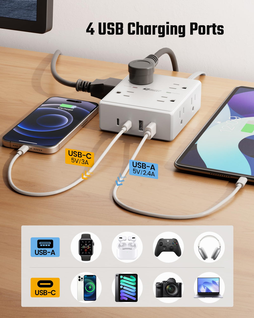 Surge Protector Power Bar, SUPERDANNY 6 Ft Extension Cord with 8 Outlets & 4USB Ports (2 USB 2 C), Mountable Flat Plug Power Strip, Surge Protection for Home, Office, Dorm