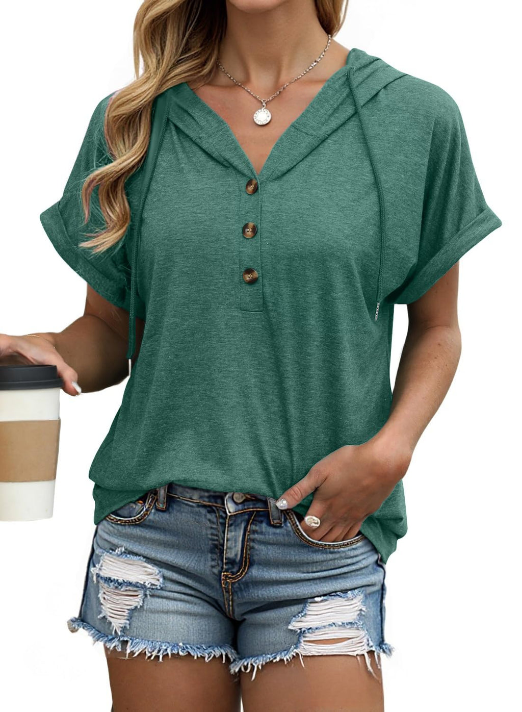 isermeo Womens Oversized Short Rolled Sleeve Summer Hoodie T Shirt 2024 Trendy Henley Button Tshirts S-XXL