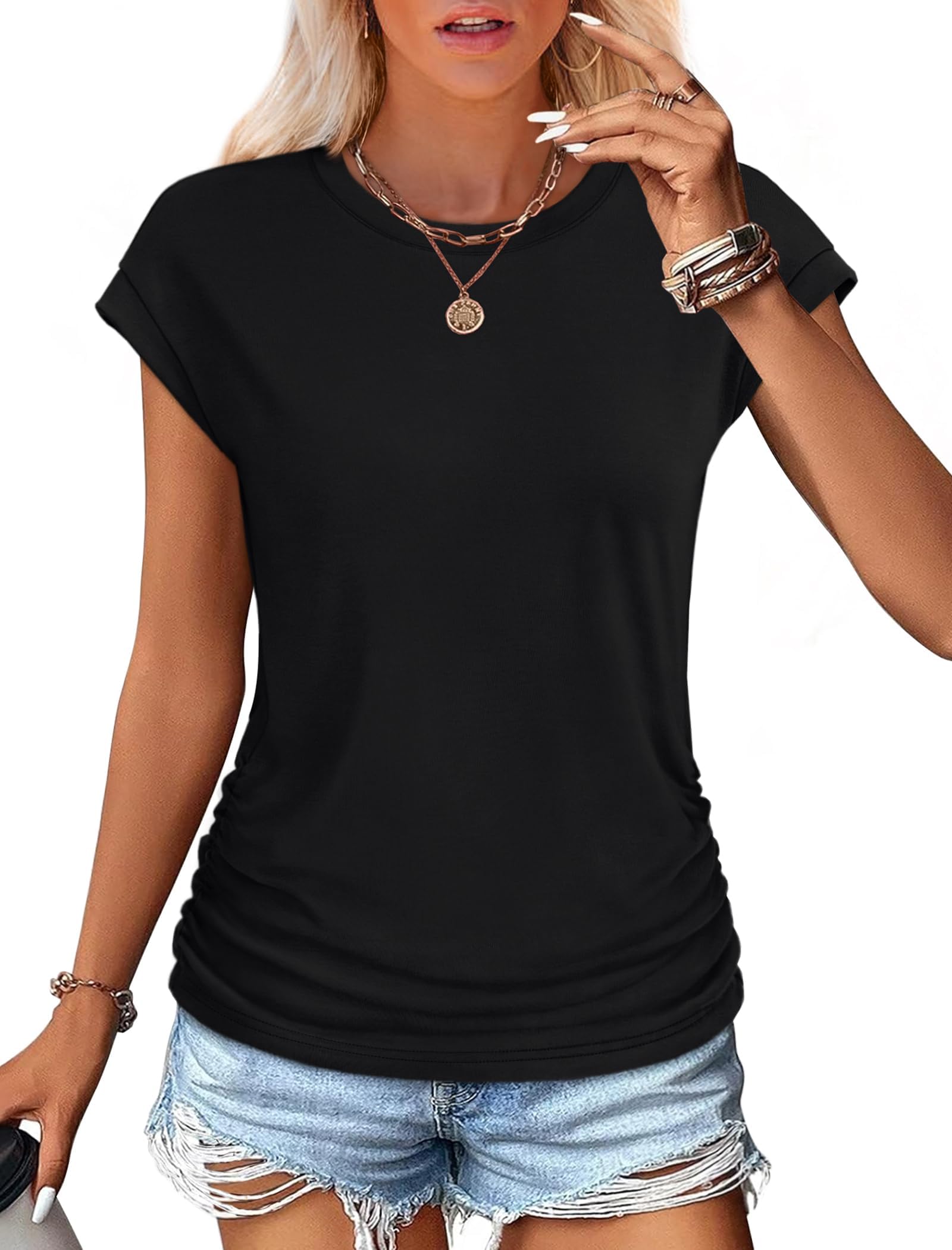 isermeo Womens Summer Tops Trendy 2026 Ruched Side Cap Short Sleeve Tshirts Crew Neck T Shirts Fashion S-XXL