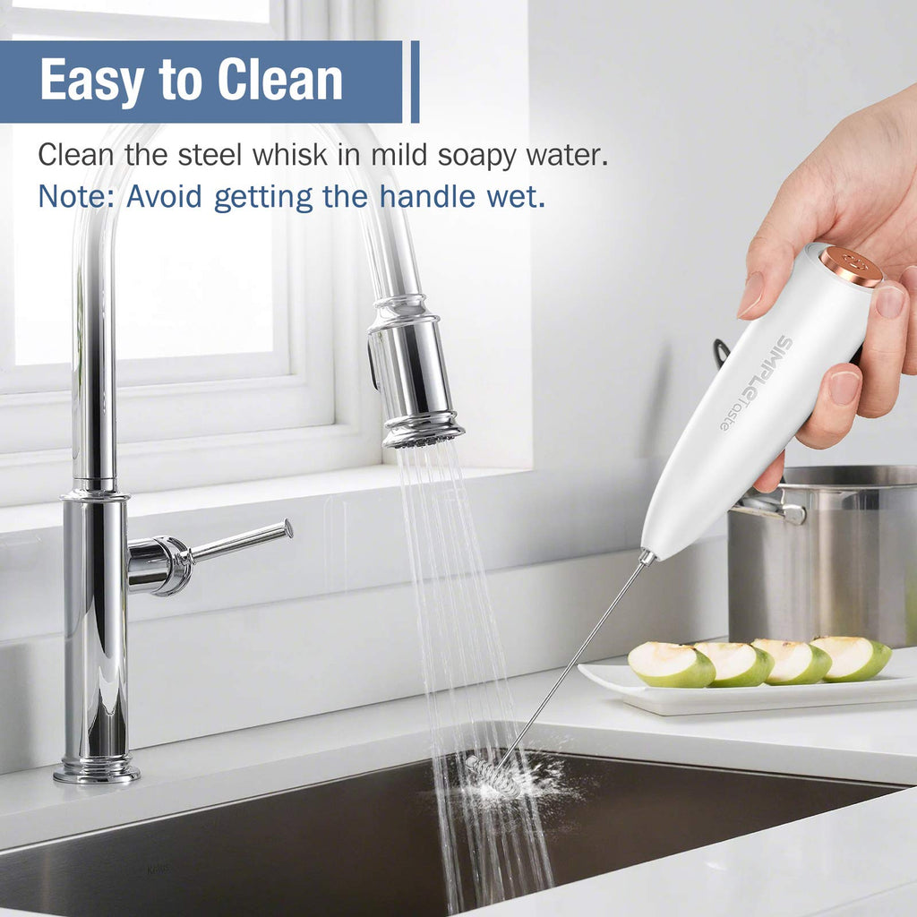 SIMPLETASTE Milk Frother Handheld Electric Foam Maker, Drink Mixer with Stainless Steel Whisk for Cappuccino, Bulletproof Coffee, Latte, Blizzard White, Without Stand, Battery Operated
