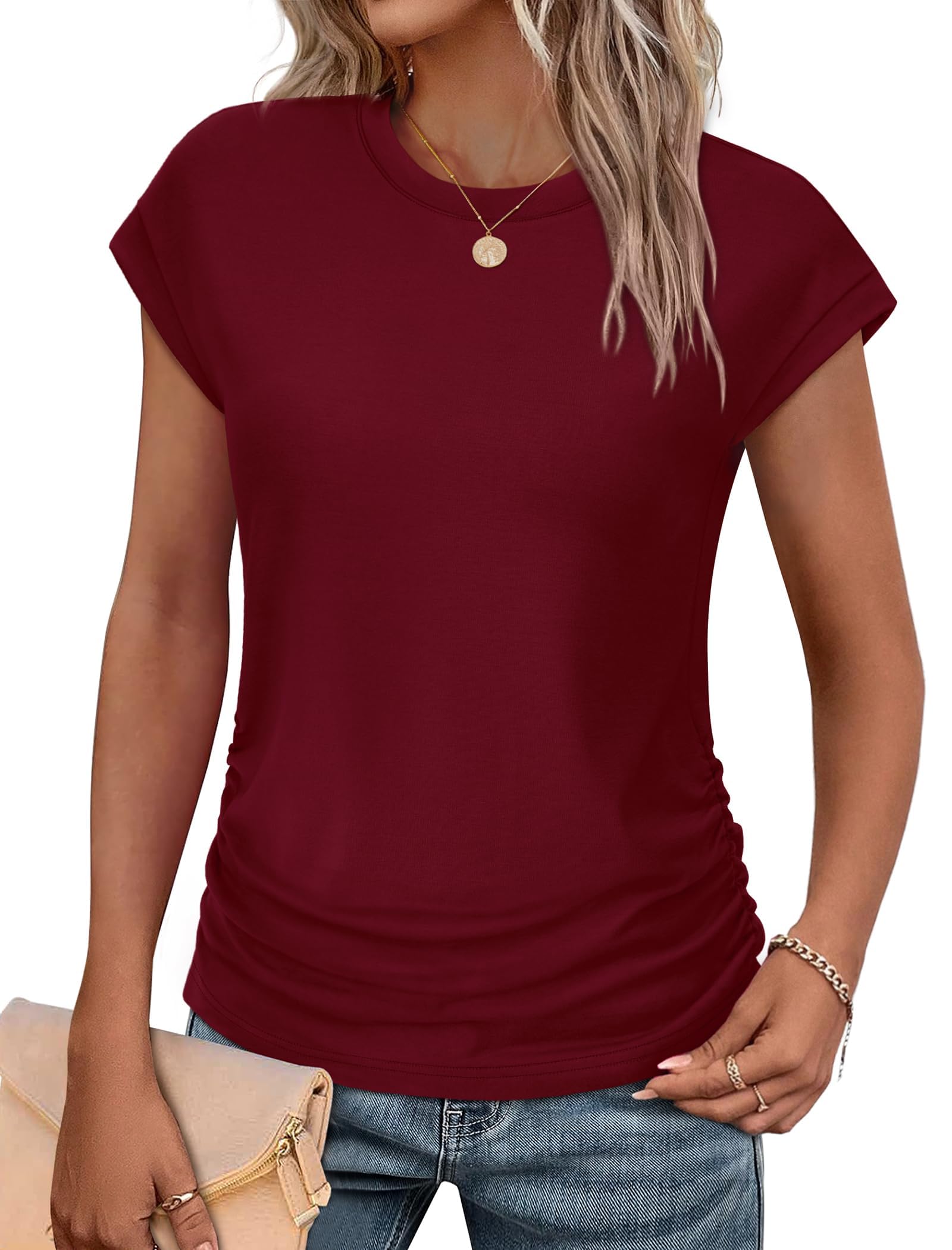 isermeo Womens Summer Tops Trendy 2026 Ruched Side Cap Short Sleeve Tshirts Crew Neck T Shirts Fashion S-XXL